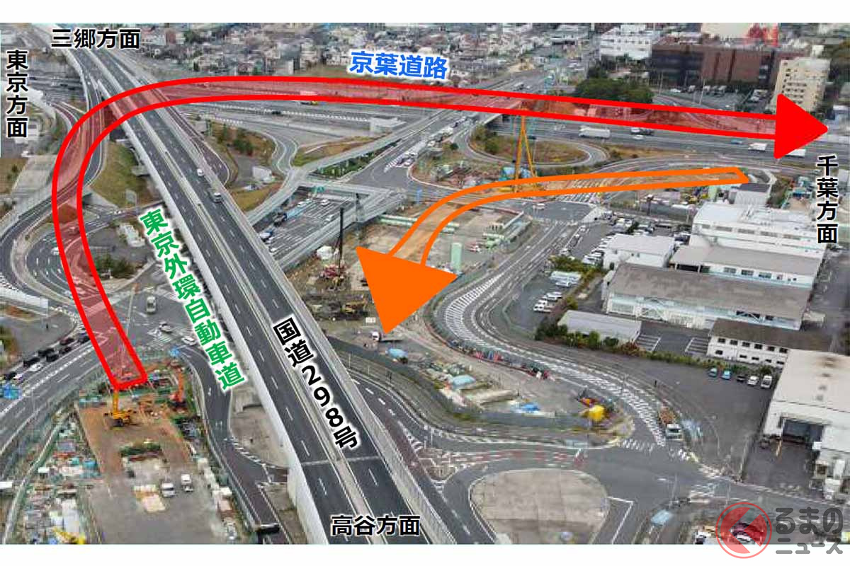 京葉道路と交わる京葉JCTは、高谷方面と千葉方面を結ぶ連絡路の追加整備を進める(画像:NEXCO東日本)