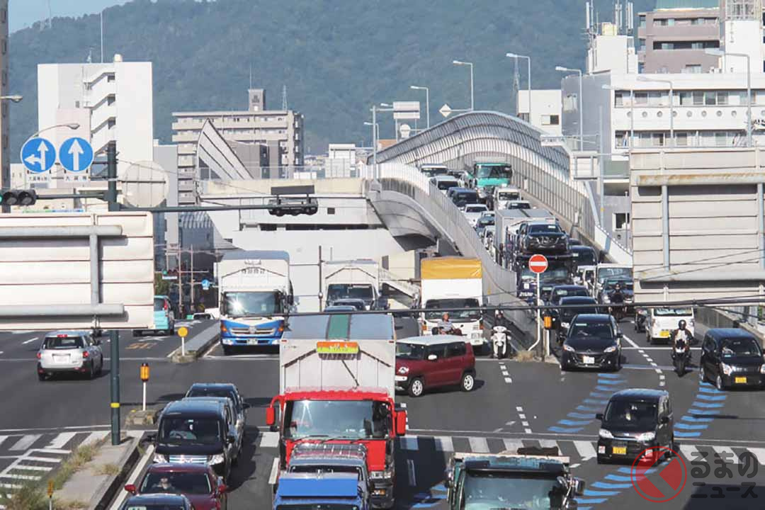 渋滞する国道2号西広島バイパス舟入出口(画像:国土交通省中国地方整備局広島国道事務所)