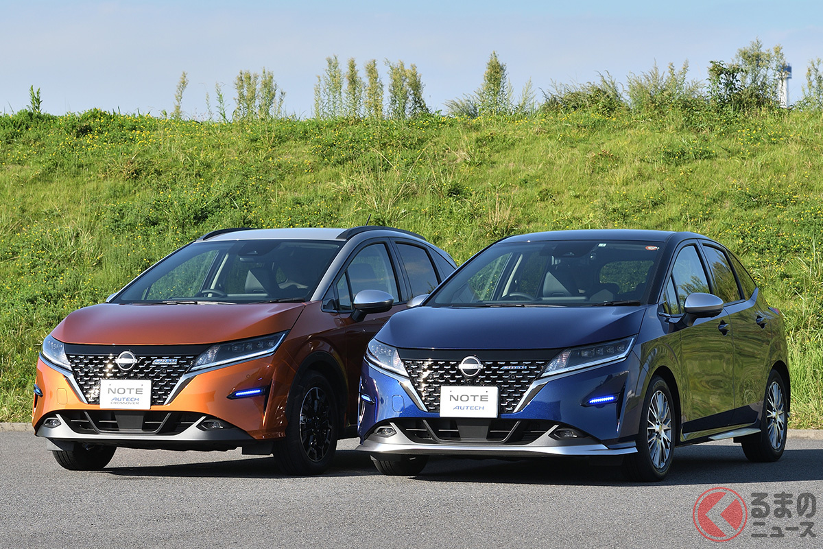 カスタムモデルも充実している日産「ノート」シリーズ。写真はSUVテイストの「ノート AUTECH クロスオーバー」(左)と、プレミアムスポーティ路線を狙ったカスタムカー「ノート AUTECH」(右)
