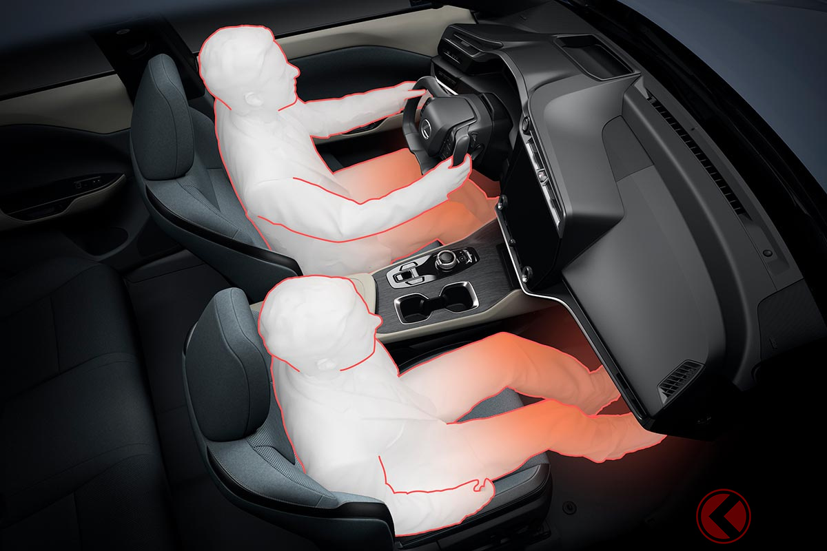 新型RZは「輻射ヒーター」を搭載。インストルメントパネル下部とステアリングコラムの裏側に輻射ヒーターを設置することにより、まるでこたつに入っているかのように、前席の乗員の膝まわりを素早く暖めてくれる