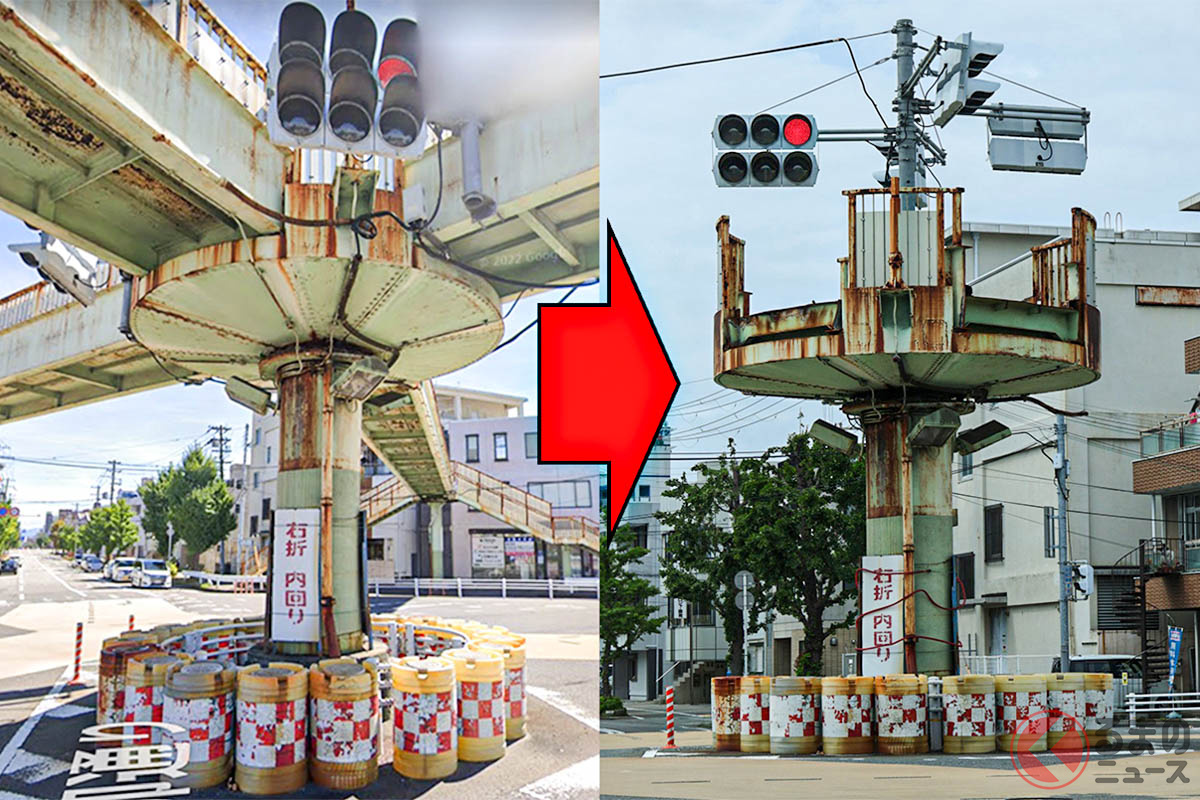 撤去前の中之島交差点の歩道橋(左)(Photo:グーグルマップ)撤去後の中之島交差点の歩道橋(右)(Photo:塩芋(@Pondy_Sioimo))