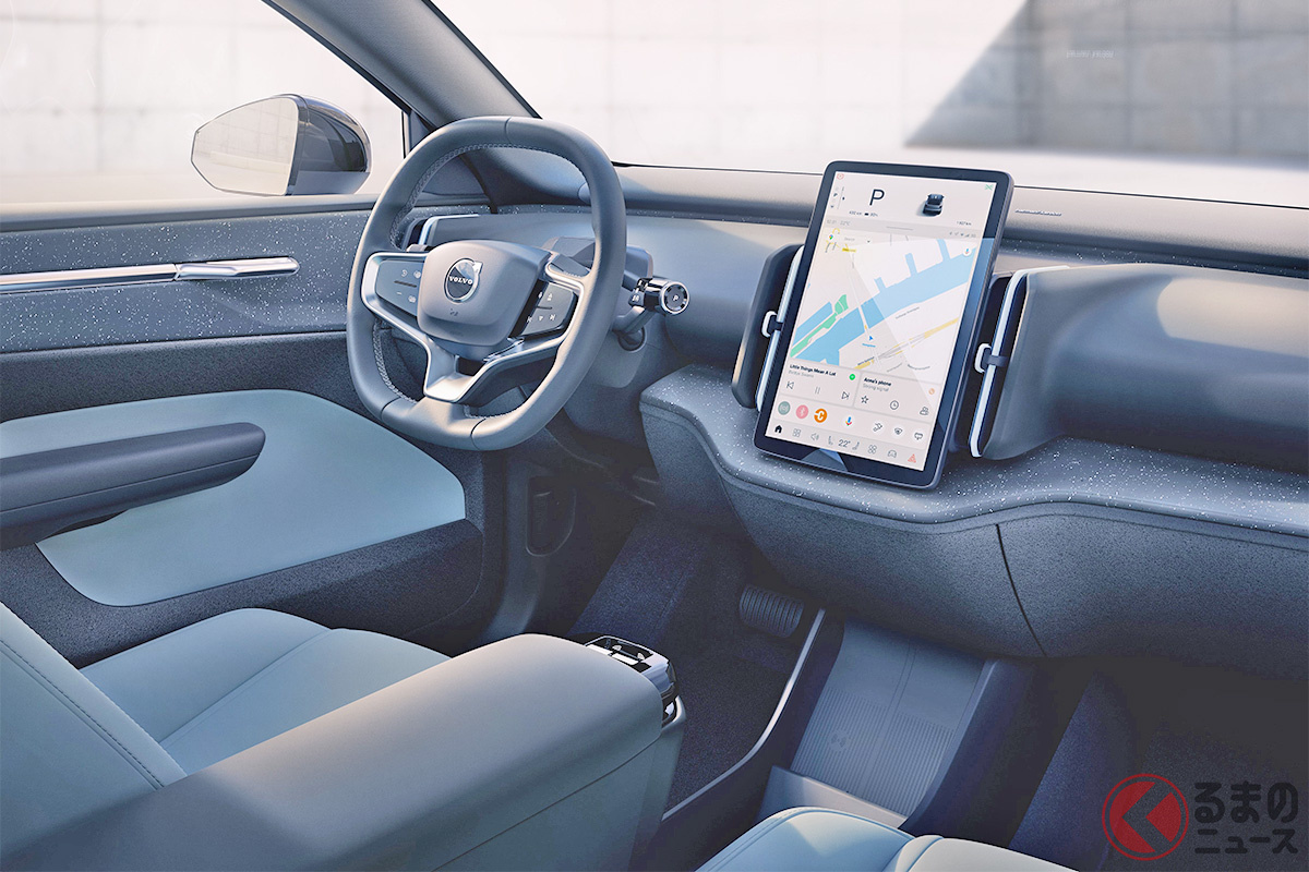 シンプルでオシャレなボルボ新型「EX30」のインテリアは、メーター表示なども含めすべてをセンターディスプレイ内に集約しています