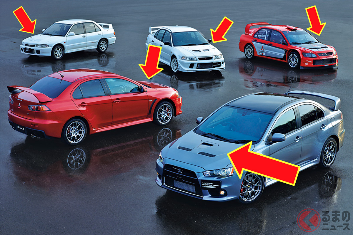 三菱「ランサーエボリューション」歴代モデルにはそれぞれ大型のエアスクープやエアアウトレットが備わっていました
