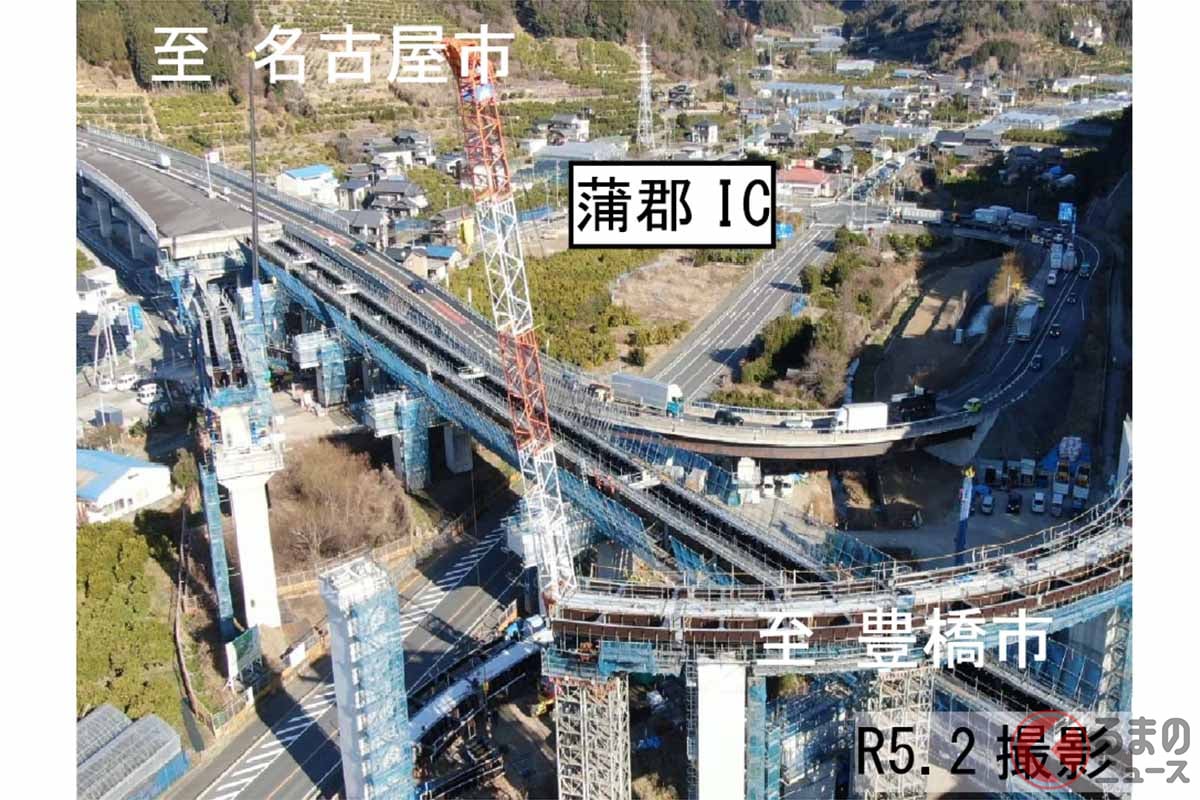 工事が進む国道23号名豊道路の蒲郡IC。2023年2月撮影(画像:国土交通省中部地方整備局)