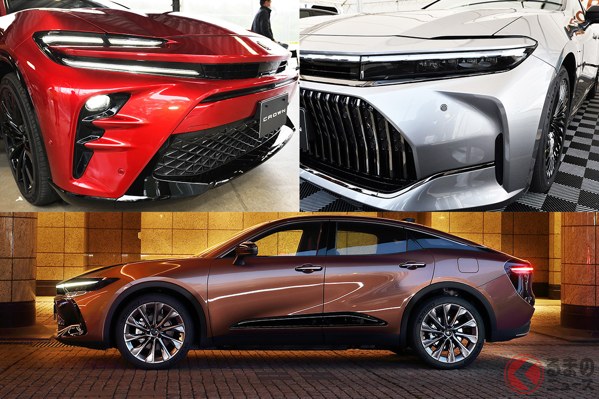 すでに実車が公開されている「クラウンクロスオーバー(下)」「クラウンスポーツ(左)」「クラウンセダン(右)