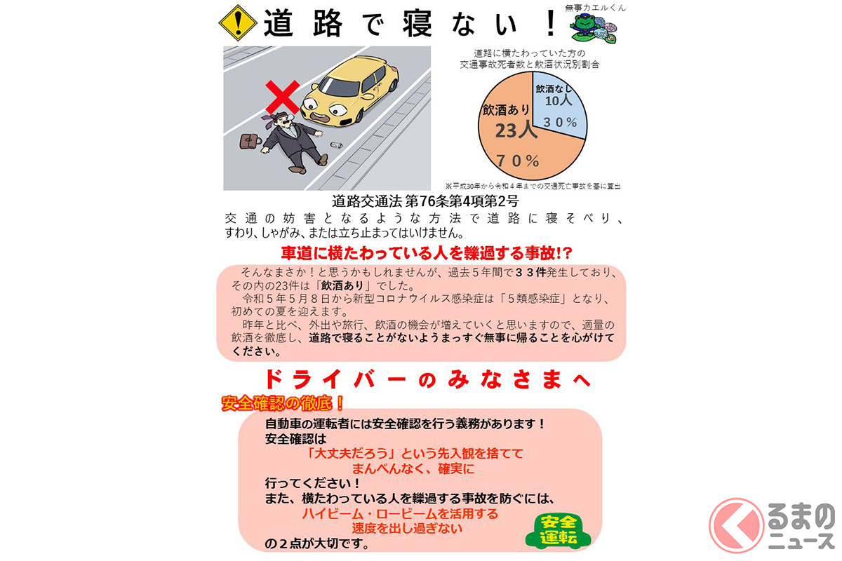 道路で寝る人は意外といる? 神奈川県警が注意喚起! その内容は? 画像:神奈川県警察本部交通部交通総務課(@kpp_koutuu)