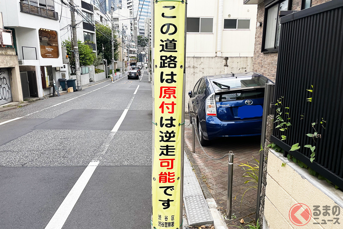 道路脇の電柱には「原付は逆走可能」と書かれている