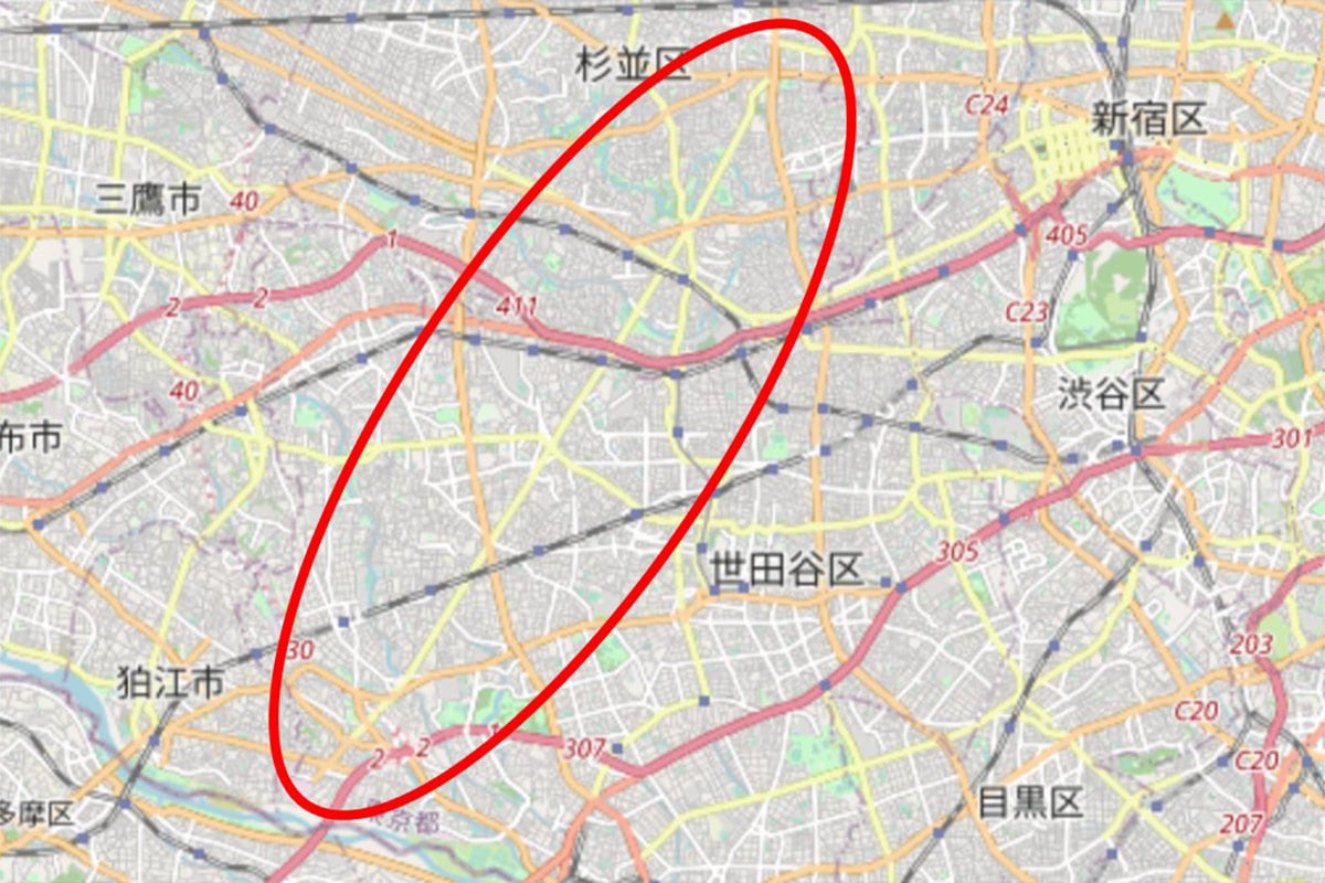 長すぎ！ 東京都には約9kmの水道道路が存在する（画像：OpenStreetMap contributors／編集部で加工）