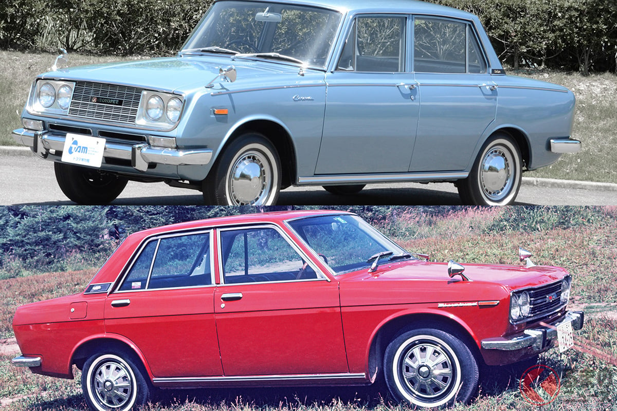 1960年代から1980年代頃まで、トヨタと日産では熾烈な「BC戦争」が繰り広げられていました［上は3代目のトヨタ「コロナ」（T40／T50型）／下は3代目の日産「ブルーバード」（510系）］