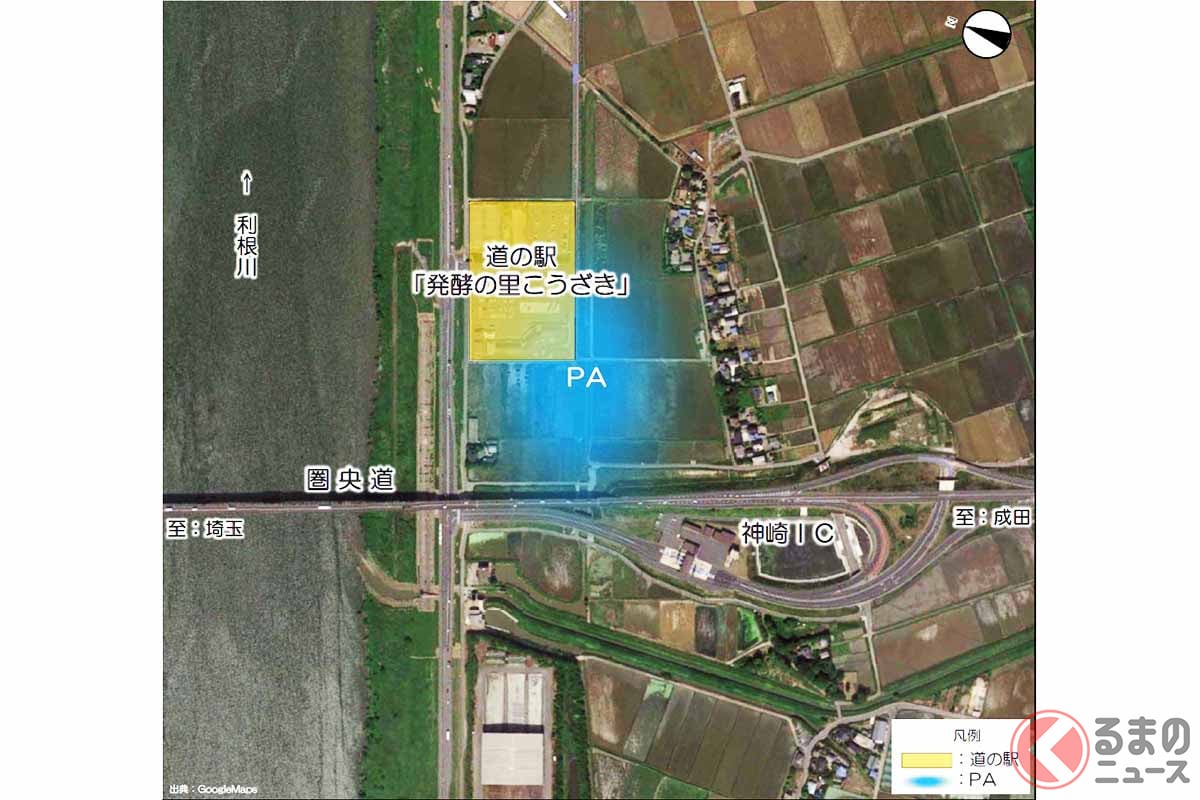 圏央道・神崎PA(仮称)の計画位置(画像:国土交通省関東地方整備局)