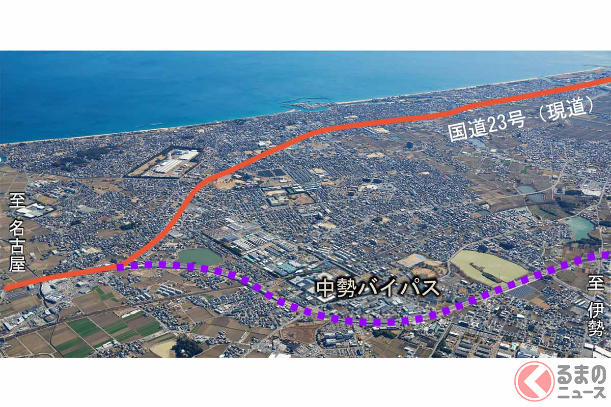 国道23号中勢バイパスの今回開通する区間(画像:国土交通省中部地方整備局三重河川国道事務所)