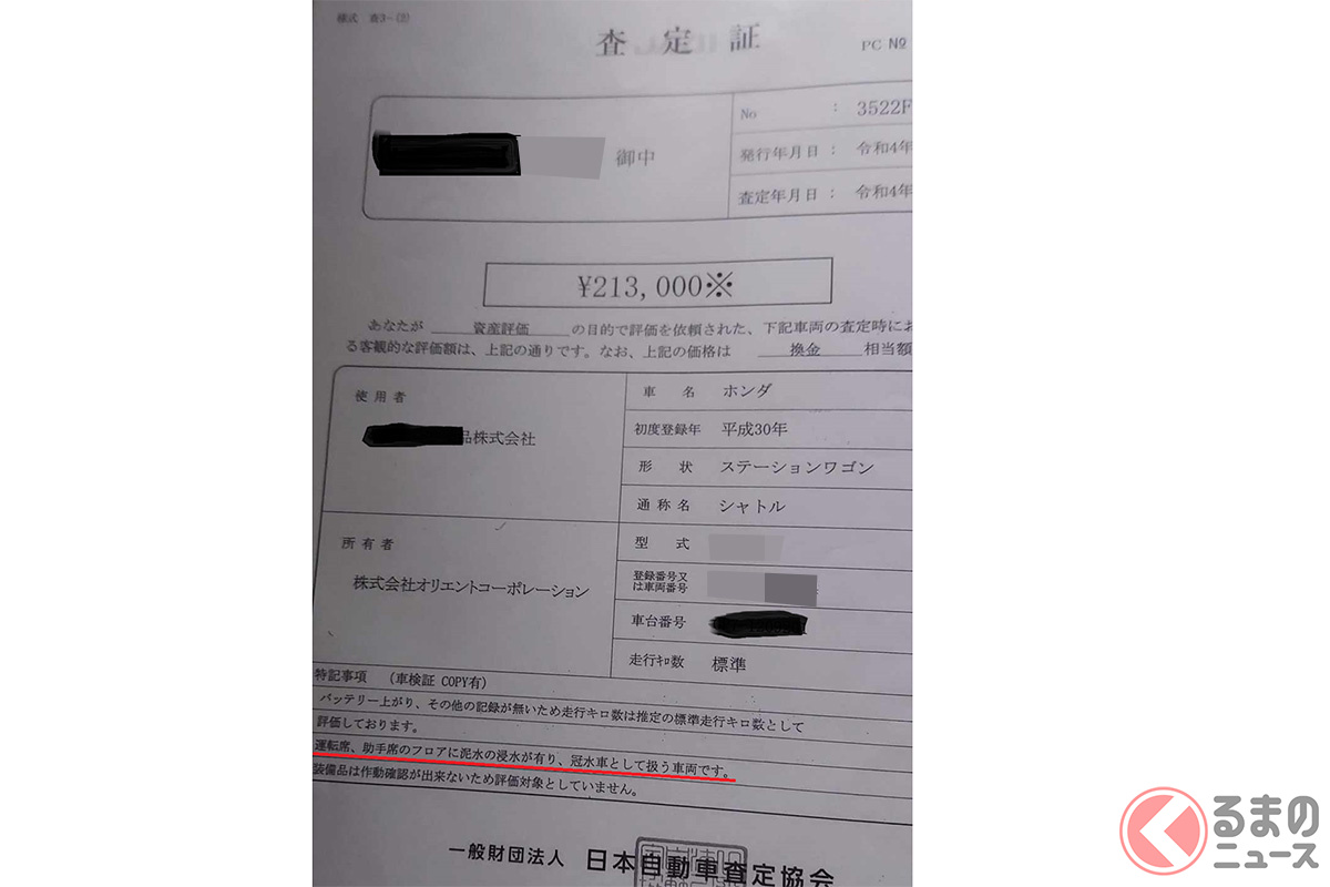 日本自動車査定協会の査定書には「冠水車として扱う車両」と明記されている。査定額は購入額の10分の1以下