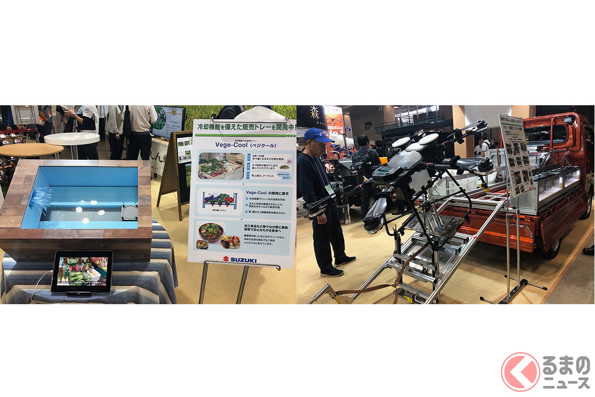 スズキの提案する「冷却機能を備えた販売トレー(べジクール)」(左)とダイハツの提案する「ハイゼット トラック」に農薬散布のための農業用ドローン仕様(右)