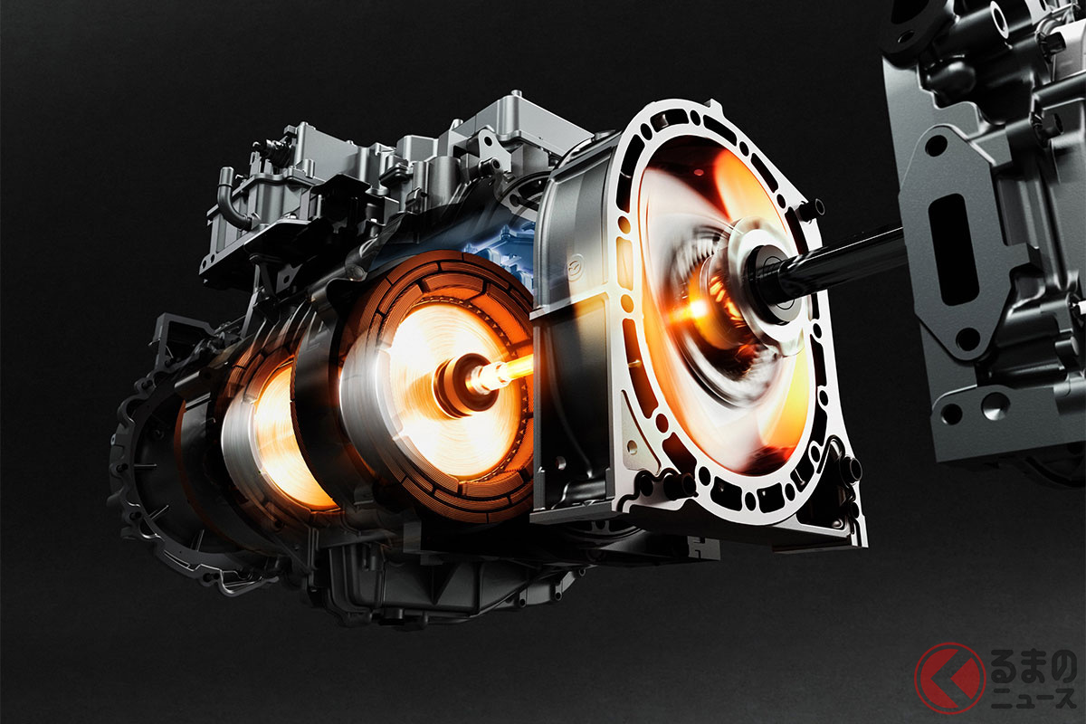 「8C」型新ロータリーエンジンは、薄型で高出力なジェネレーター、高出力モーターと同軸上に一体化することでコンパクトなレイアウトを可能としました