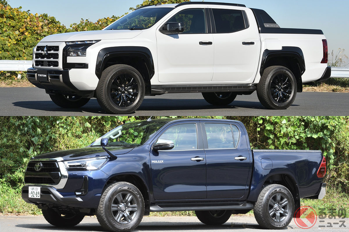 三菱新型「トライトン」(上)とトヨタ「ハイラックス」(下)