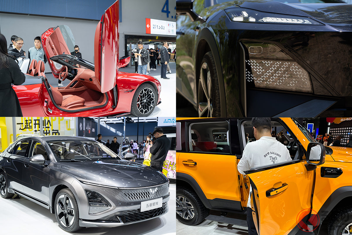 シザードア(左上)・メッセージを映すLEDディスプレイ(右上)・トレンドのイリュミネーションを採用(左下)・窓枠のないサッシュレスドア(右下)