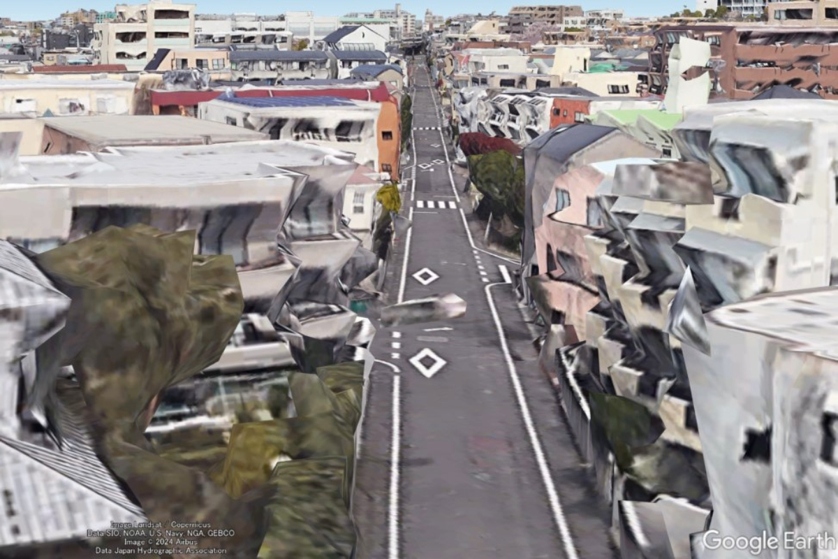 都内をつらぬく直線道路（画像：Google Earth）。