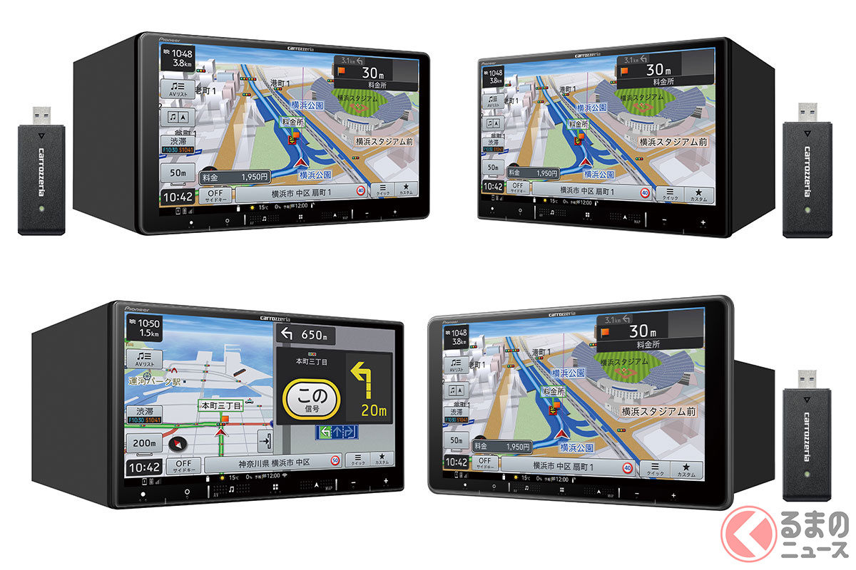 「AVIC-RQ721-DC」9V型ラージサイズタイプ(左上)「AVIC-RL721-DC」8V型ラージサイズタイプ(右上)「AVIC-RZ721」7V型2Dタイプ(左下)「AVIC-RF721-DC」9V型フローティングタイプ(右下)