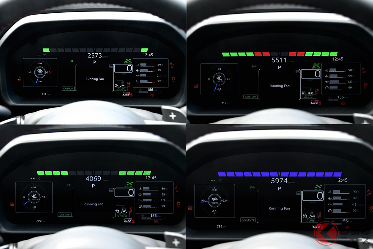 サーキットモードだとメーターの表示が両側から中央に向かって緑→赤と変化し、指定されたシフトアップ回転数で青に変化