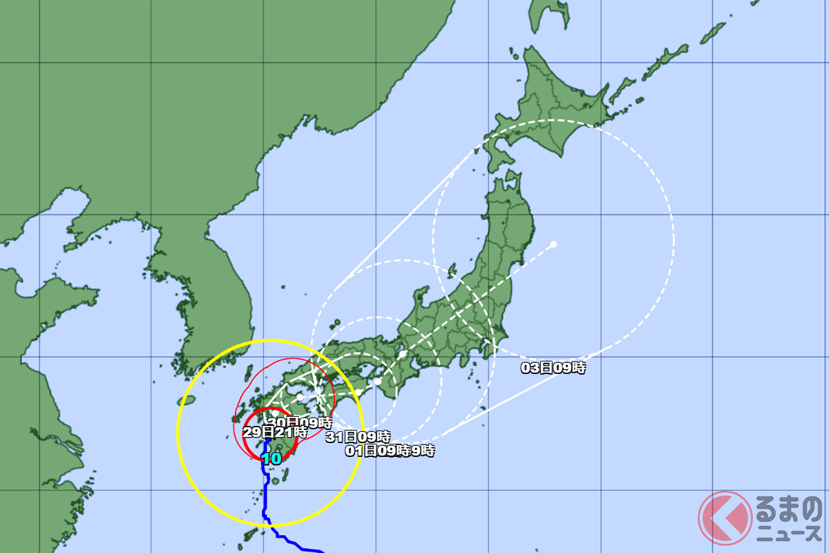 2024年8月29日9時時点での「台風10号」の進路予想(出典:気象庁ホームページ/Japan Meteorological Agency)