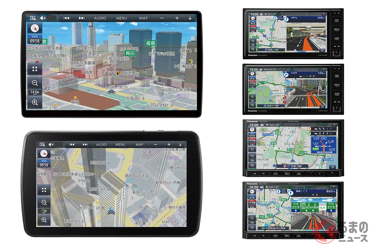 パナソニック オートモーティブシステムズが発表した新機種6種類 10V型有機ELフラッグシップモデル「CN-F1X10C1D」(左上)9V型大画面モデル「CN-F1D9C1D」(左下) 7V型スタンダードモデルの200mmワイドタイプ「CN-CA01WD」(右列1段目)「CN-CE01WD」(右列2段目)180mmサイズ「CN-CA01D」(右列3段目)「CN-CE01D」(右列4段目)