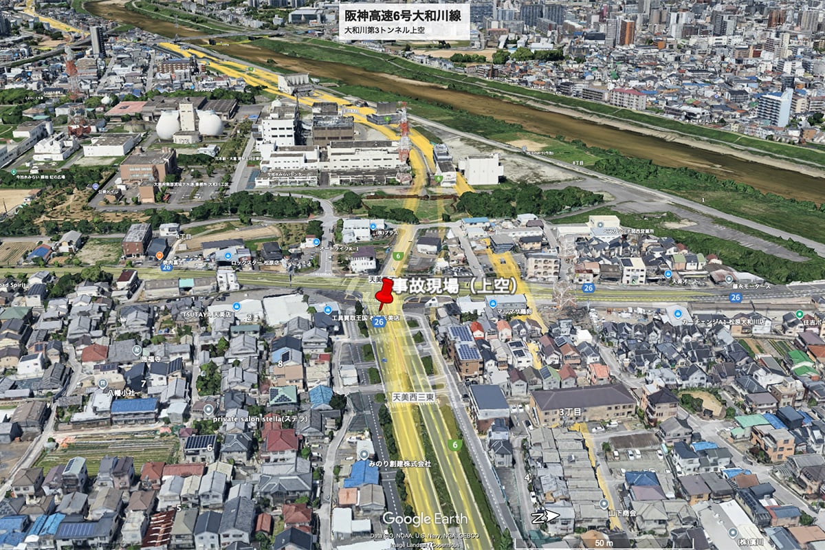 阪神高速大和川第3トンネル上空（画像：Google Earth）。