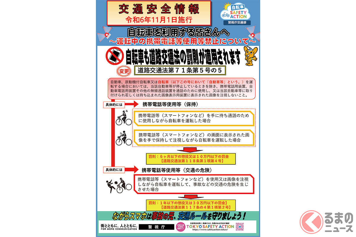 自転車運転中の携帯電話等使用等禁止強化(画像引用:警視庁)