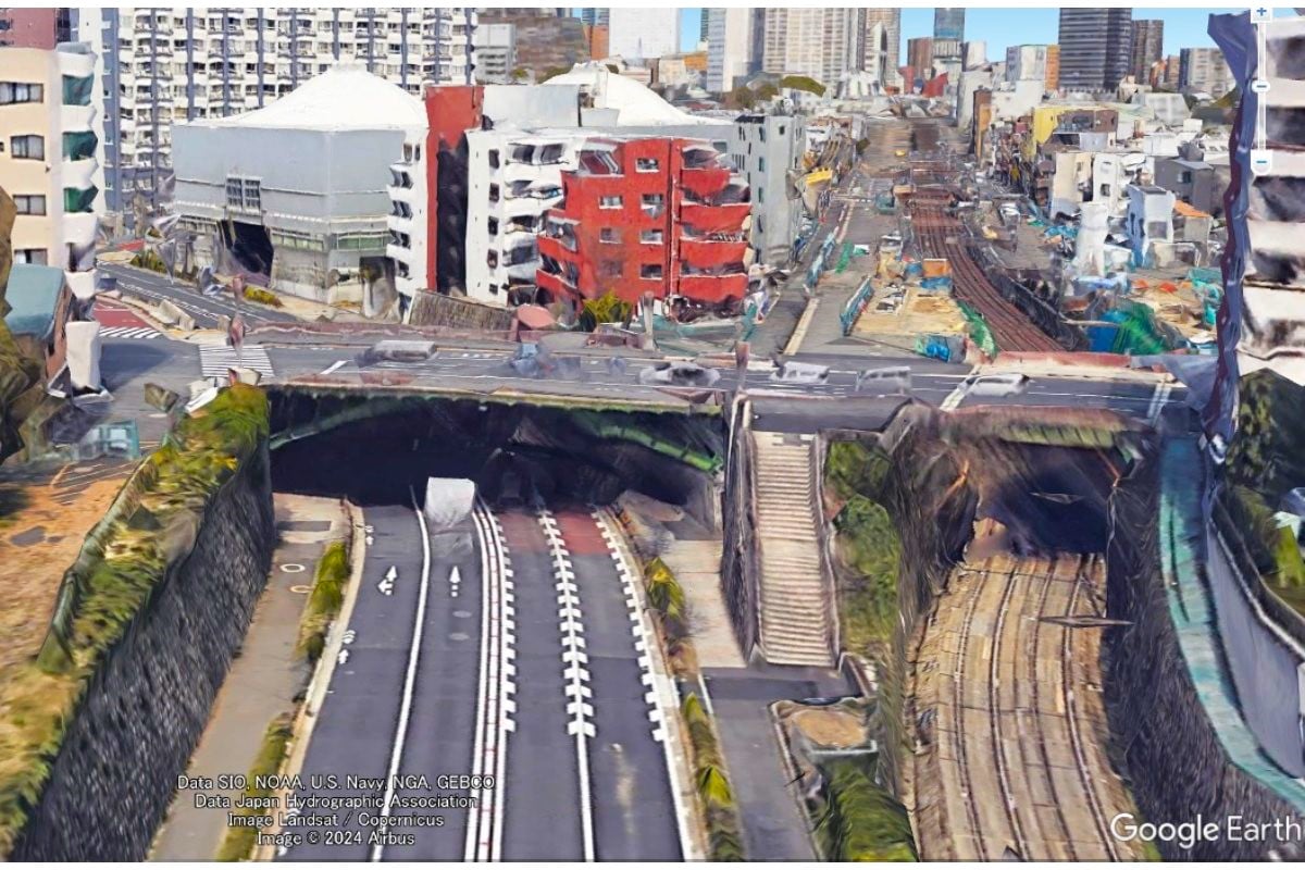 バイパス工事が進む学習院下の明治通り（画像：Google Earth）。