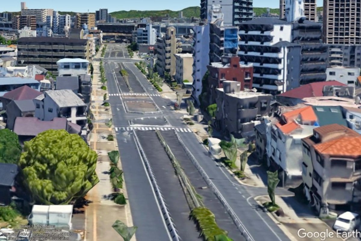 まだ未完成の歌島豊里線（画像：Google Earth）。