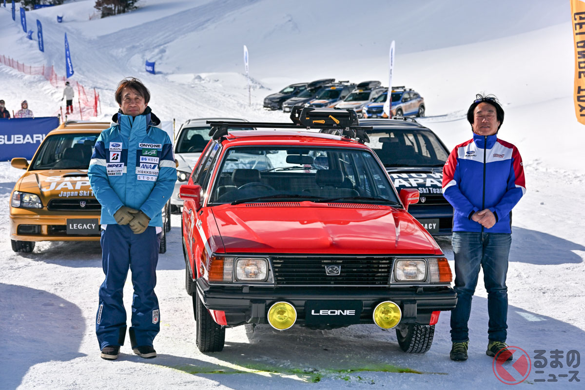 全日本スキー連盟会長の原田雅彦さん（左）とプロラリードライバーの新井敏弘選手（右）