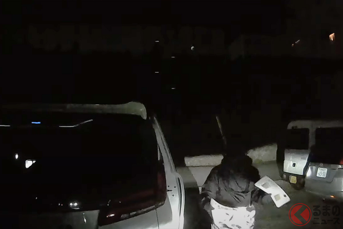 窃盗犯の1人と見られる人物。この後にドラレコからSDカードが抜かれている（画像引用：にーしこさんの友人である「池田ベアーズ」）