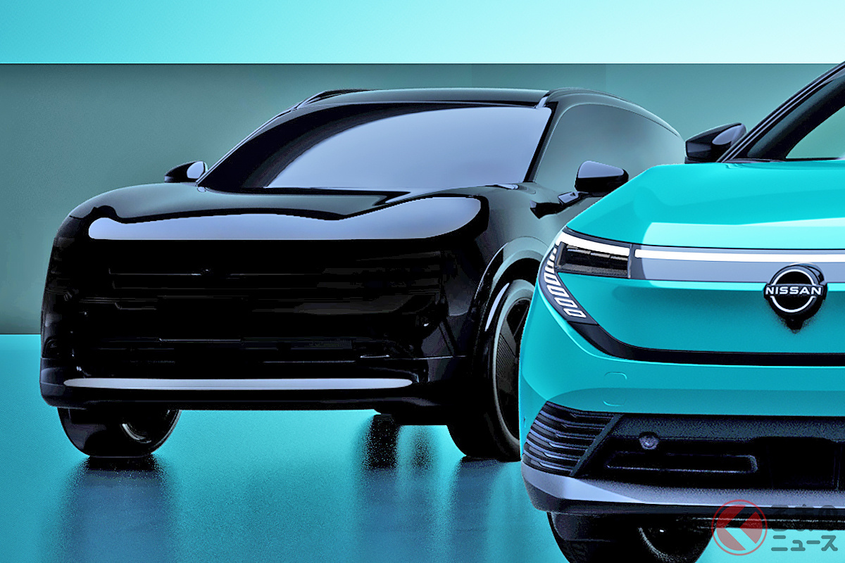 イベント「NISSAN START AGAIN 2025」で新型「リーフ」(右)とともに公開された、日本市場導入予定の「新型SUV」