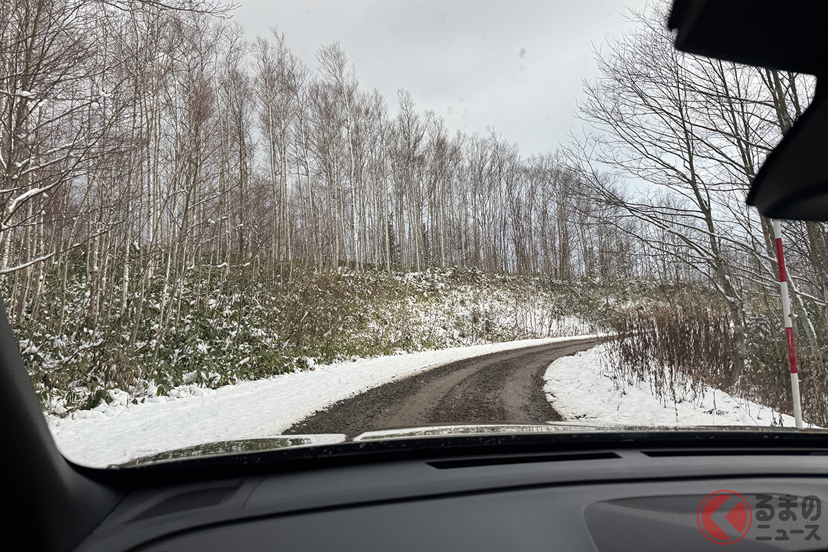 テストコース内にあるハンドリング路では、雪と泥、砂利が混じった路面ながら、上り下りの坂でも不安な場面は感じられなかった