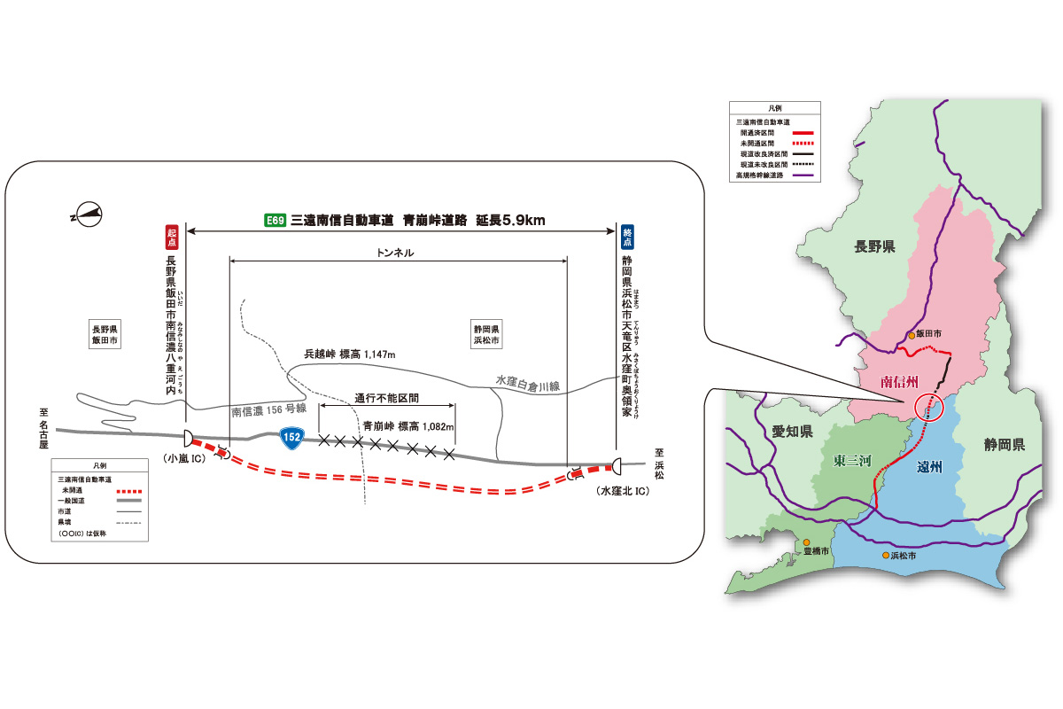 本州の中央部を縦断し、長野県、愛知県、静岡県の三県をつなぐ高規格道路網として整備が進められているのが三遠南信自動車道(画像引用:国土交通省)
