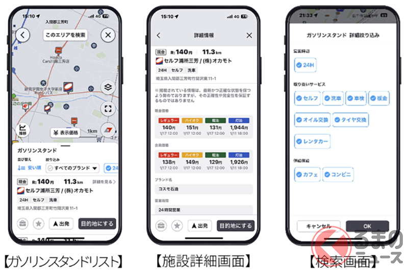 ドライブ中によく利用する施設(画像はガソリンスタンド)を、より細かい条件を指定して探せるように