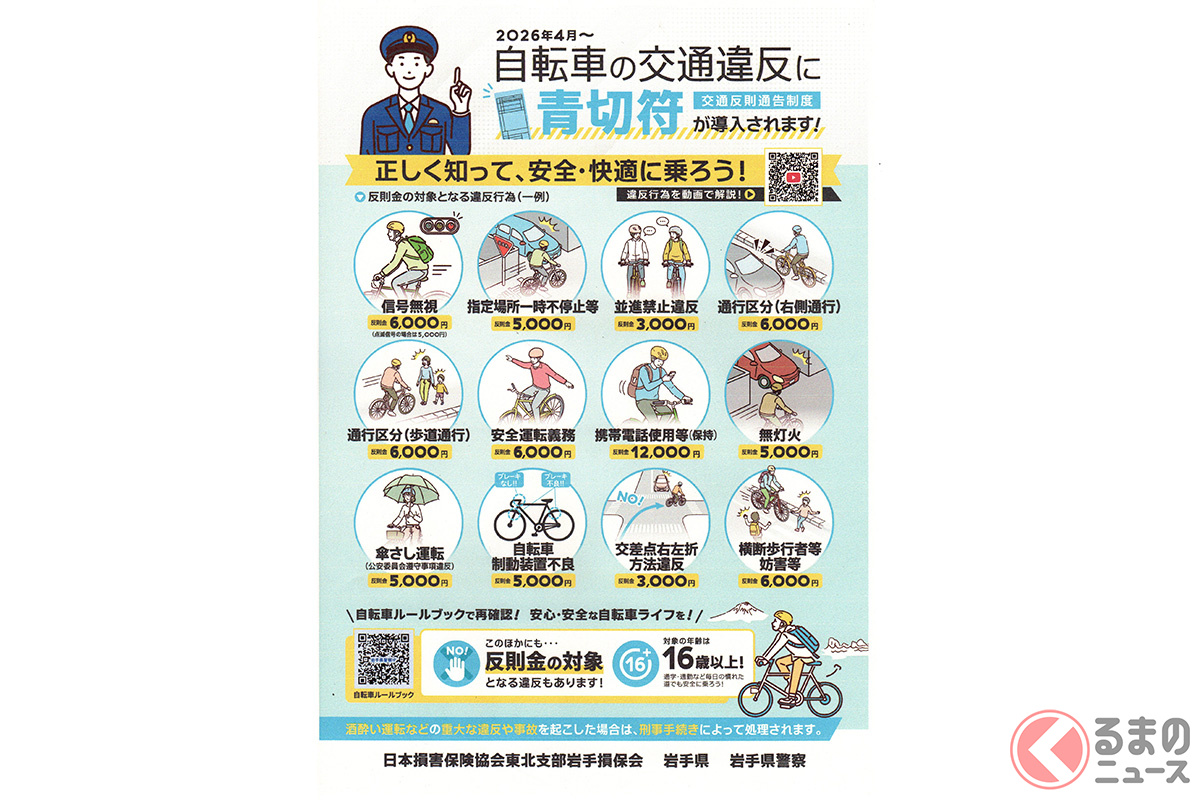 来月開始の自転車の青切符の内容は？（画像引用：岩手県警察交通部【公式】）