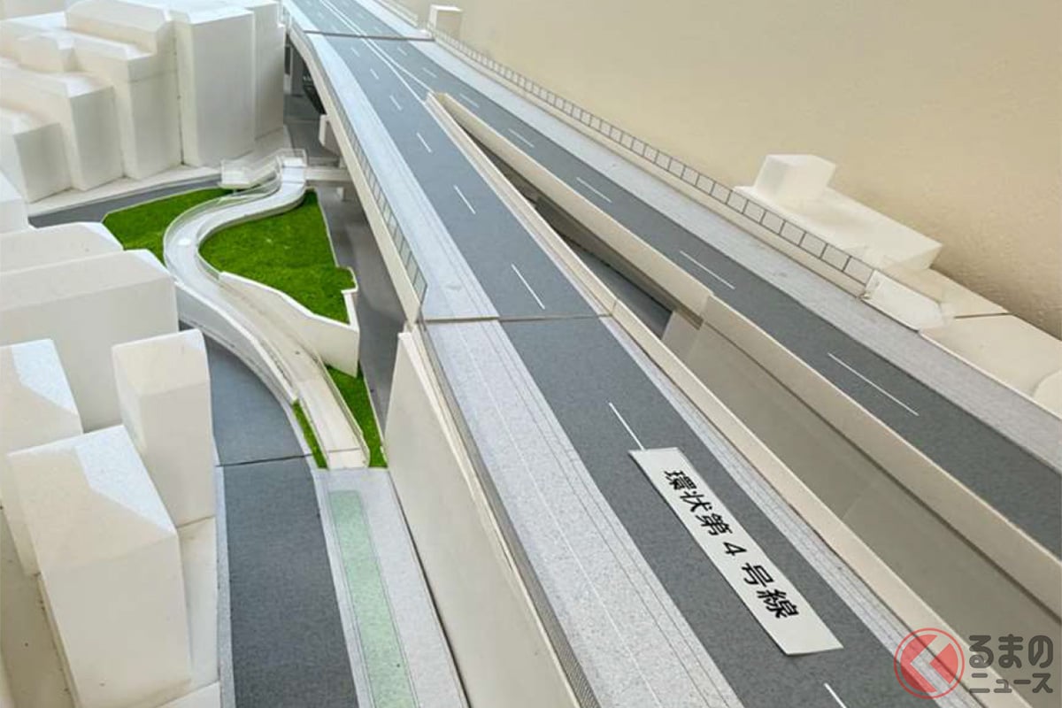 2025年7月に公開された「環状第4号線(高輪区間)」の完成予想模型(出典:東京都都市整備局)