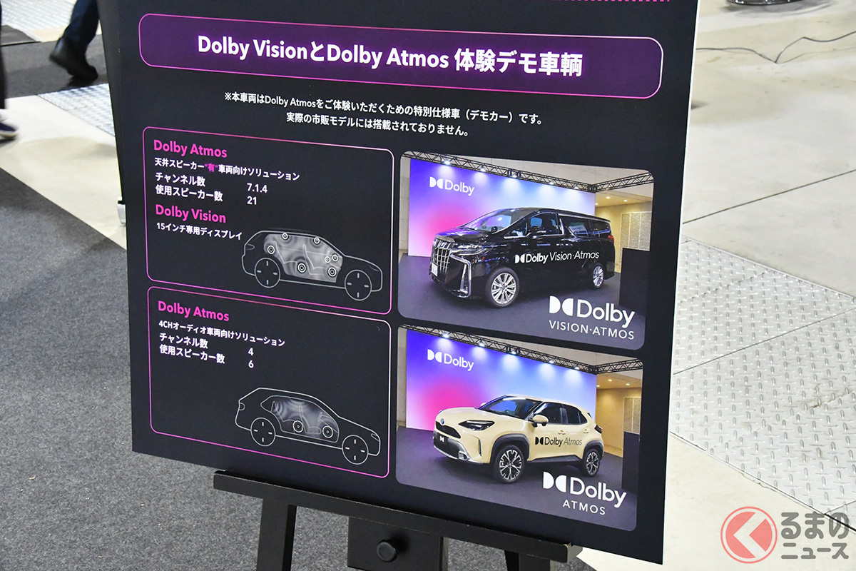 Dolby Japanブース。2台のデモカーのシステム構成