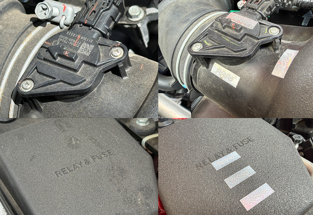除電のアルミテープの比較（左上下が施工前の仕様（NX450h+）、右上下が施工後の仕様（NX350）　）