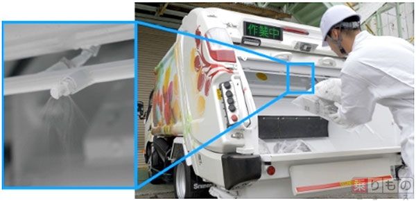 ごみ収集車に装着した「デオマジック 香りdeまじっく」専用噴霧装置のイメージ（画像：新明和工業）。