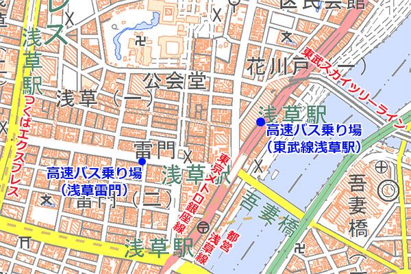 浅草駅付近の高速バス乗り場（国土地理院の地図を加工）。