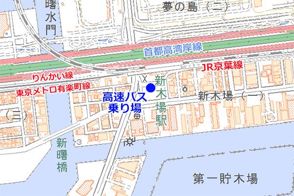 新木場駅付近の高速バス乗り場（国土地理院の地図を加工）。