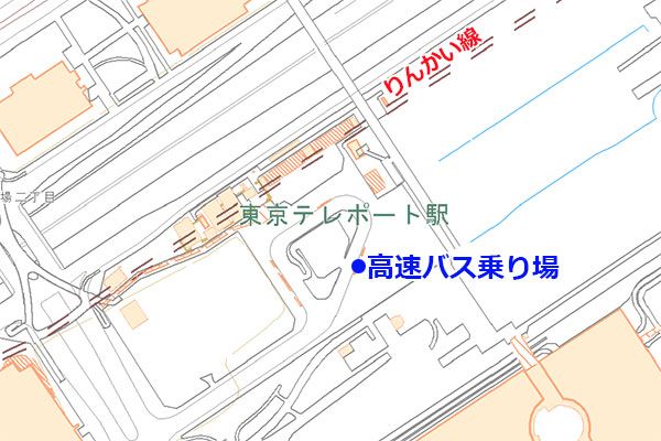 東京テレポート駅付近の高速バス乗り場（国土地理院の地図を加工）。