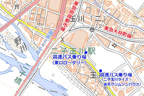 二子玉川駅付近の高速バス乗り場（国土地理院の地図を加工）。