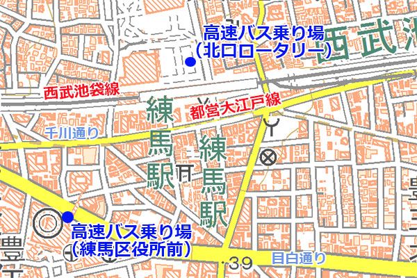 練馬駅付近の高速バス乗り場（国土地理院の地図を加工）。