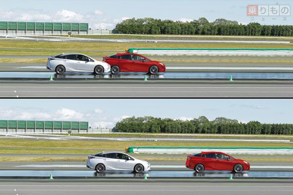 ウェットグリップ（濡れた路面のブレーキ力）の比較例。上はグリップの等級がb、下は同cで、白いクルマは新品、赤いクルマは2万km走行後のタイヤ（画像：ブリヂストン）。