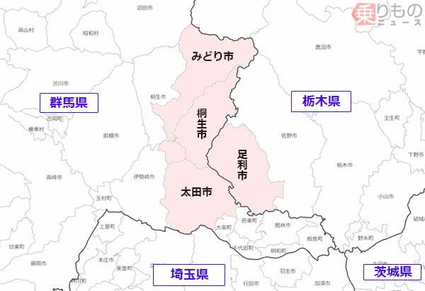群馬県太田市、桐生市、みどり市、栃木県足利市で「渡良瀬」ナンバーの導入が検討されている（国土地理院の地図を加工）。